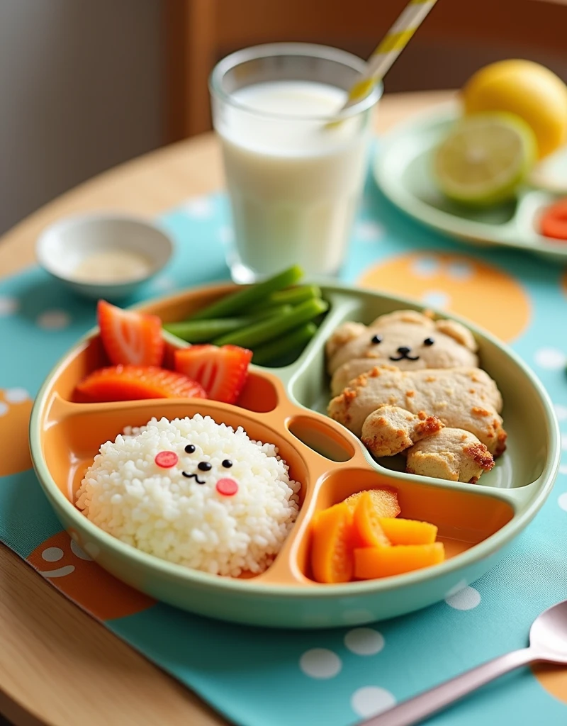 Tempting dining scene。Imagine a colorful plate，Shaped like a cute animal，It&#39;s packed with nutritionally balanced food。1 serving of steamed vegetables、A small portion of chicken and a portion of rice，Rice decorated to look like a friendly animal。There is a glass of milk next to the plate，A colorful straw，There was also a small bowl of fresh fruit for dessert。All the food is served on a colorful mat with a fun pattern。Be sure to capture the lively and whimsical atmosphere of your child’s meal。