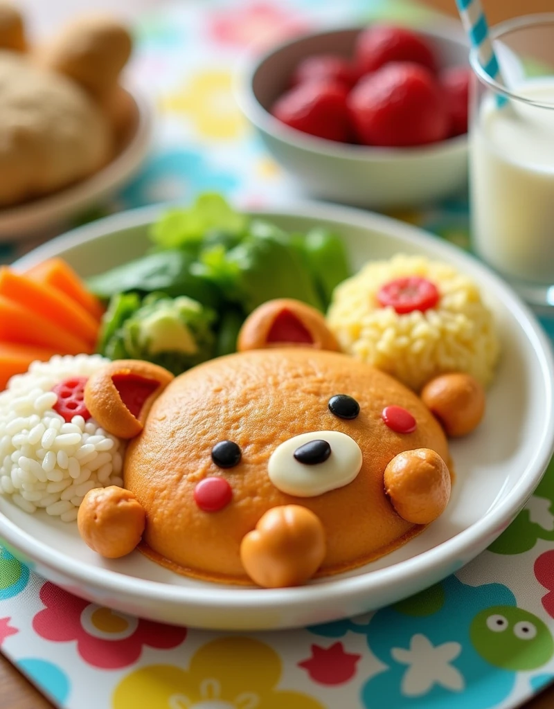 Tempting dining scene。Imagine a colorful plate，Shaped like a cute animal，It&#39;s packed with nutritionally balanced food。1 serving of steamed vegetables、A small portion of chicken and a portion of rice，Rice decorated to look like a friendly animal。There is a glass of milk next to the plate，A colorful straw，There was also a small bowl of fresh fruit for dessert。All the food is served on a colorful mat with a fun pattern。Be sure to capture the lively and whimsical atmosphere of your child’s meal。