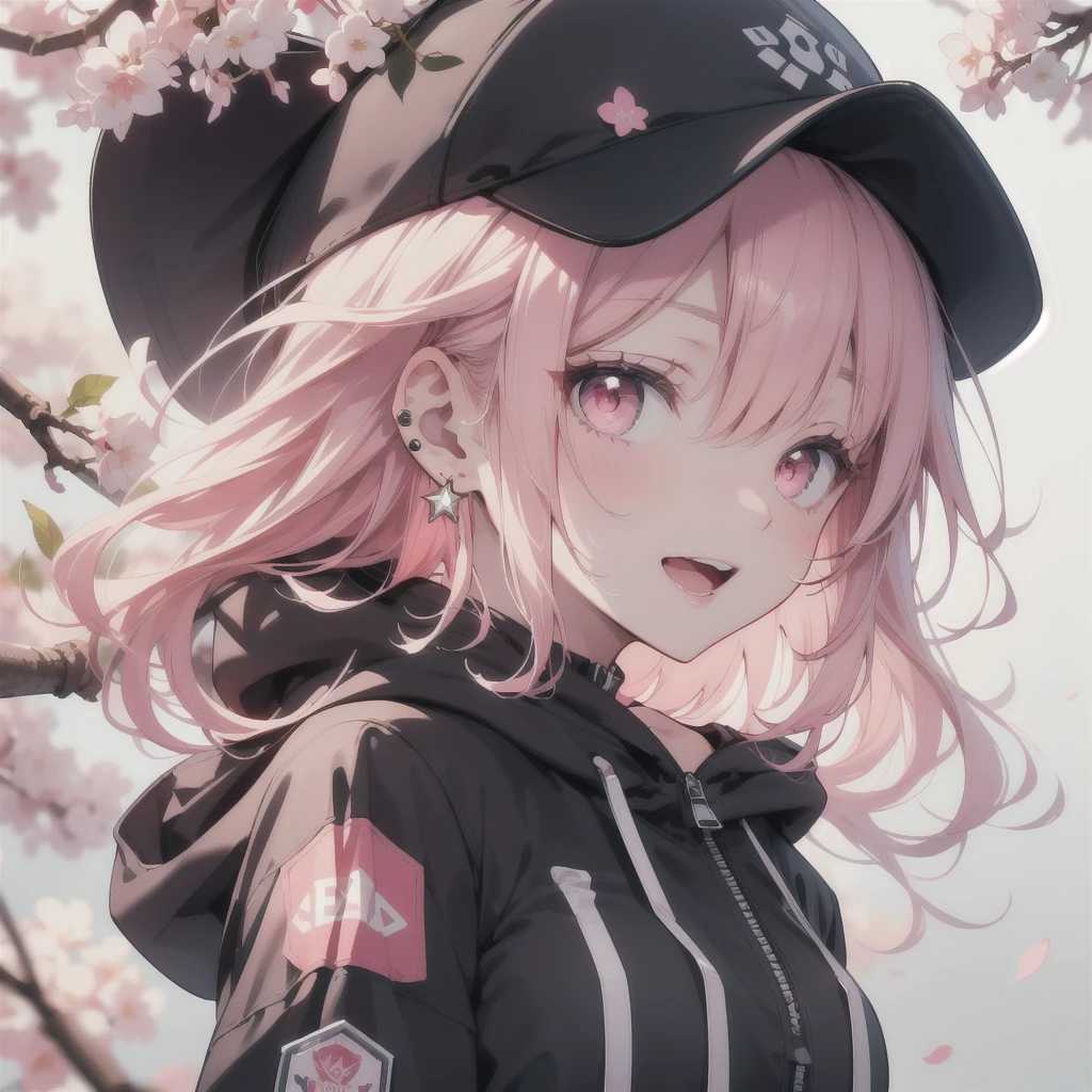 (masterpiece:1.2), best quality,PIXIV, beautiful Rebellious girl,portrait, 
1girl, hat, open mouth, glossy lips, pink hair, solo, mischievous smile, long hair, white background, jewelry, badge, button badge, hood, pink eyes, earrings, simple background, harajuku inspired jacket, long eyelashes, from side, hood down, star (symbol), profile, upper body, clothes writing, zipper, collar, massive accentuated super huge enormously gigantic breasts, chain, sexy seductive, cherry blossoms blowing in the wind, hat ornament, piercing, barcode, portrait, sticker, hoodie, smile, spikes, baseball cap
 