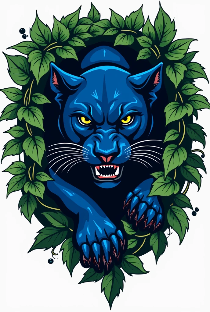 make a sports logo that look like a blue panther is hiding behind ivys, like cover the panther with ivys and make it look like a panter is about to jump out.
