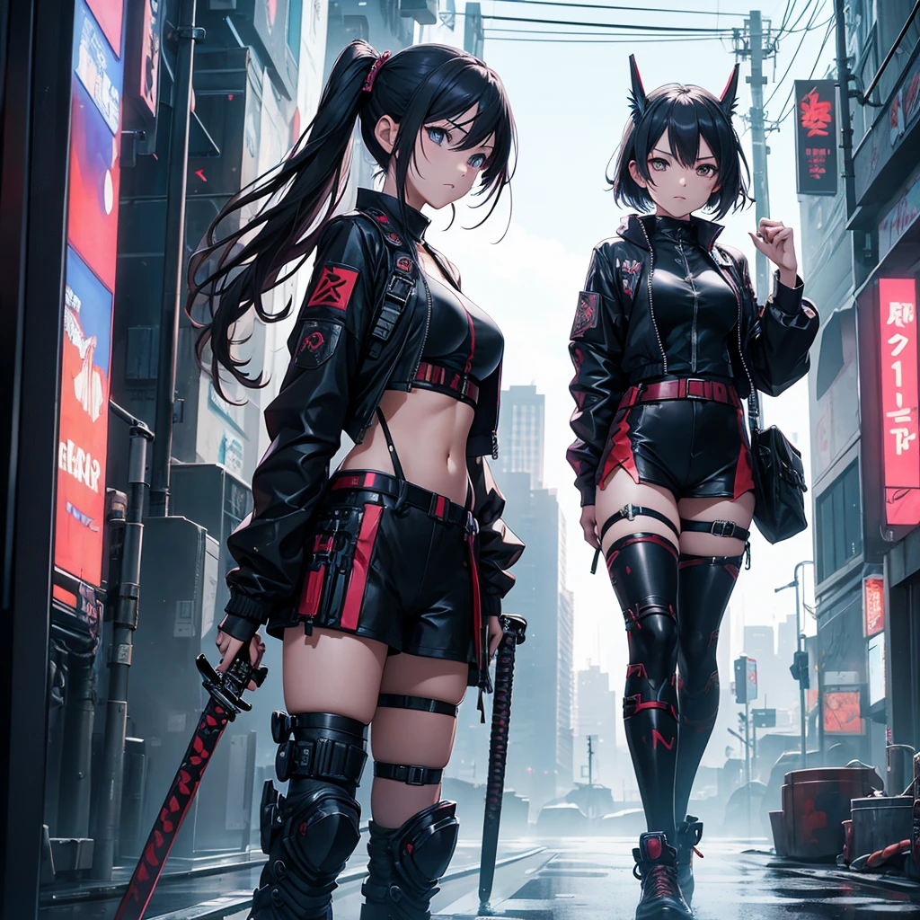 A warrior anime girl wear cyberpunk suit carry katana in hand fight with demon
