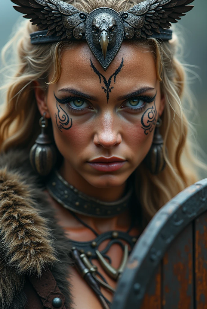 Close up face of beautiful viking queen, wooden shield in hand, eagle wings crown , tribal design on the eyes, Angry, bone ornaments on the neck, leather armor, focused