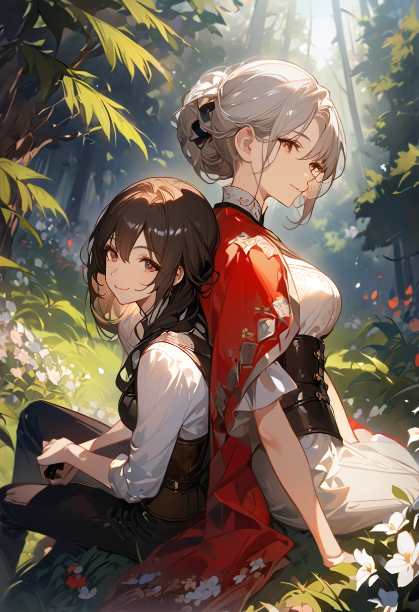 masterpiece, 2 female, back to back, backing each other, backing, dark brown hair, long hair, brown eyes, smiling gently, look away, white shirt, shirt by the shoulder, leather corset, black long pants, sitting, 1 female on the background, white long hair on the background, black clothes with red cape, face slightly facing up, flower field, forest background, camera pov from above slightly to the side, only showing black hair female face, white hair female on the back, 8k ,4k , best quality, high quality, masterpiece, embroidery  clothes, big chest, all kind of hairstyle, inspired by Asukaziye artist : ask, art style : ask