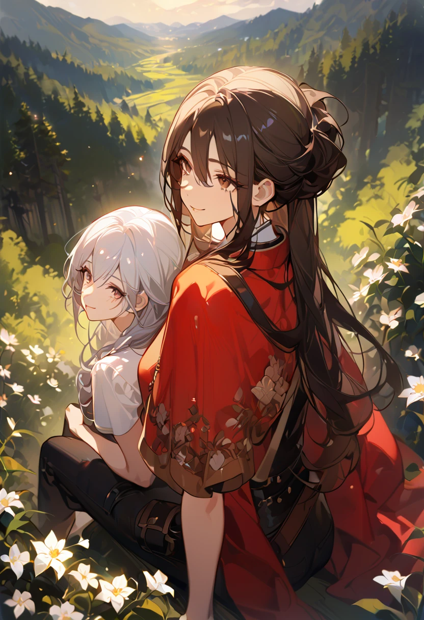 masterpiece, 2 female, back to back, backing each other, backing, dark brown hair, long hair, brown eyes, smiling gently, look away, white shirt, shirt by the shoulder, leather corset, black long pants, sitting, 1 female on the background, white long hair on the background, black clothes with red cape, face slightly facing up, flower field, forest background, camera pov from above slightly to the side, only showing black hair female face, white hair female on the back, 8k ,4k , best quality, high quality, masterpiece, embroidery  clothes, big chest, all kind of hairstyle, inspired by Asukaziye artist : ask, art style : ask