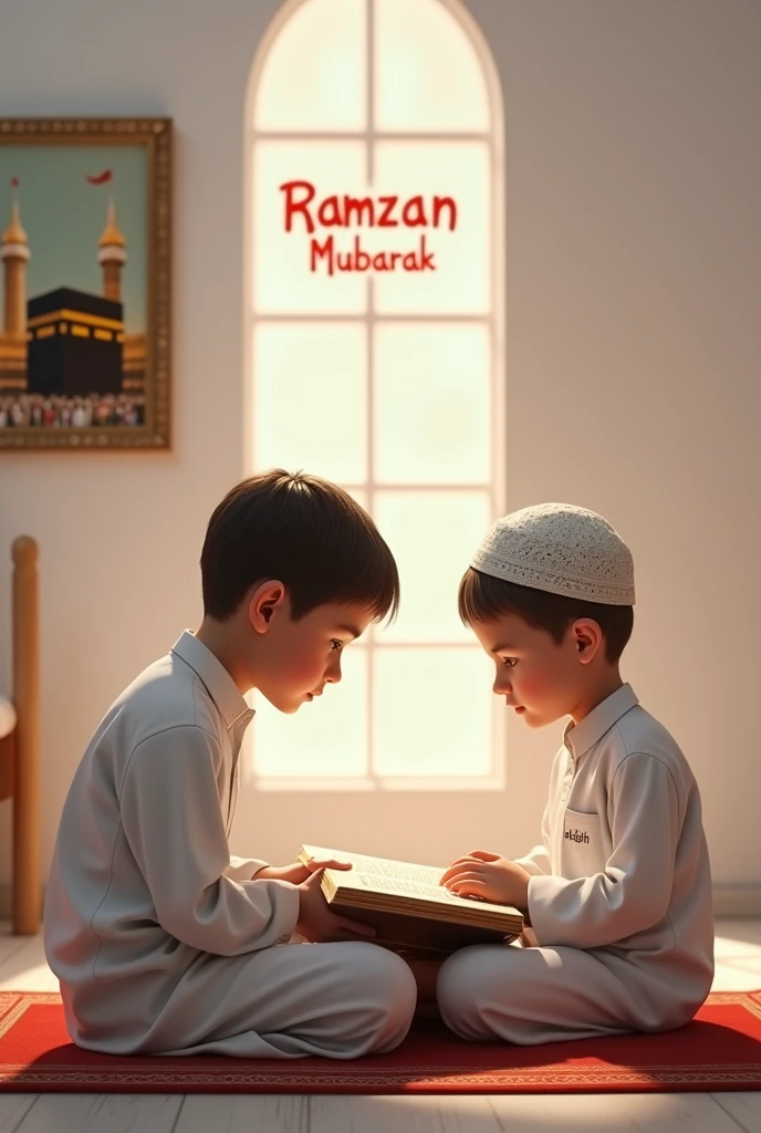 Realistic 2 muslim boy sitting on prayer place, and read quraan sharif. The boy is wearing white Shalwar Kameez and islam muslim cap on head, and boy face at from side. And written "Mohsin" name on boy's Dress, the background features simple bedroom and "Ramzan Mubarak" written in red font on behind white wall and Makkah & Madina masjid photo frame holding on wall