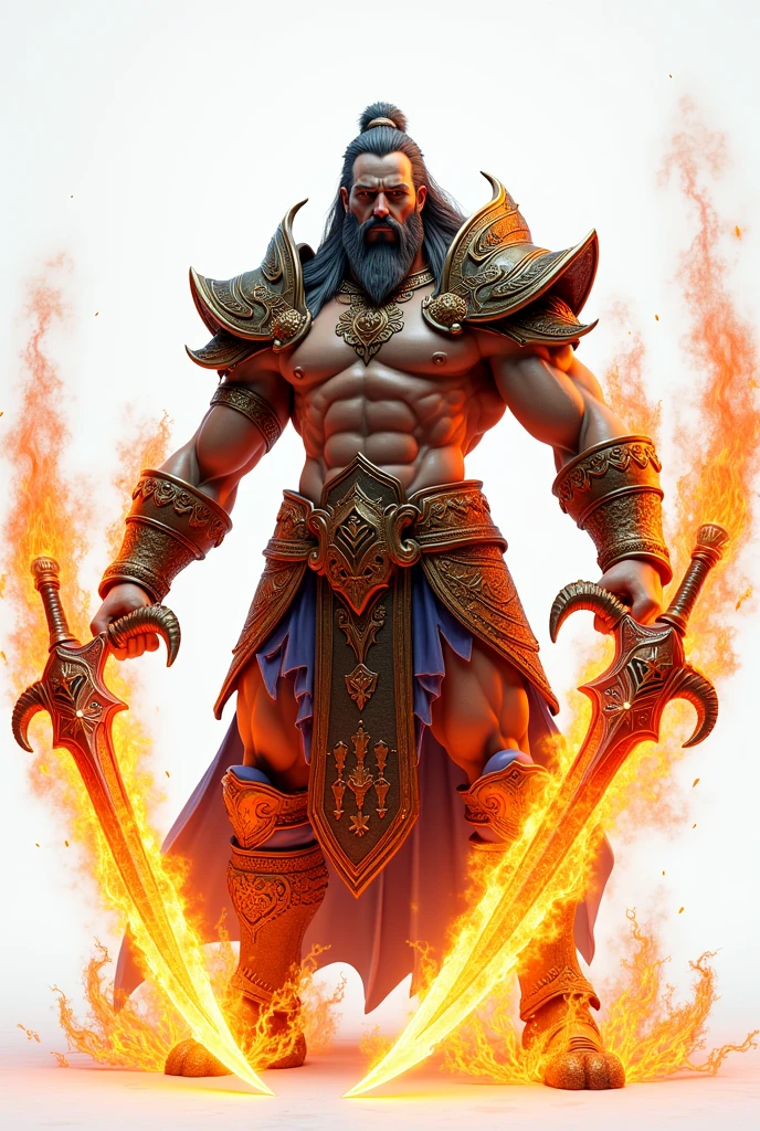 A god of war with open blades with lots of fire on blades with white background
