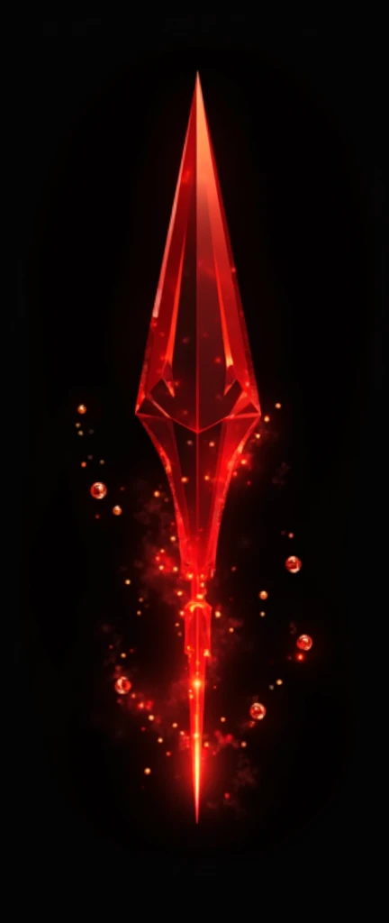 A sword projectile in the style of a clear pixel art, made of solid blood-colored crystal with vessels of black void
