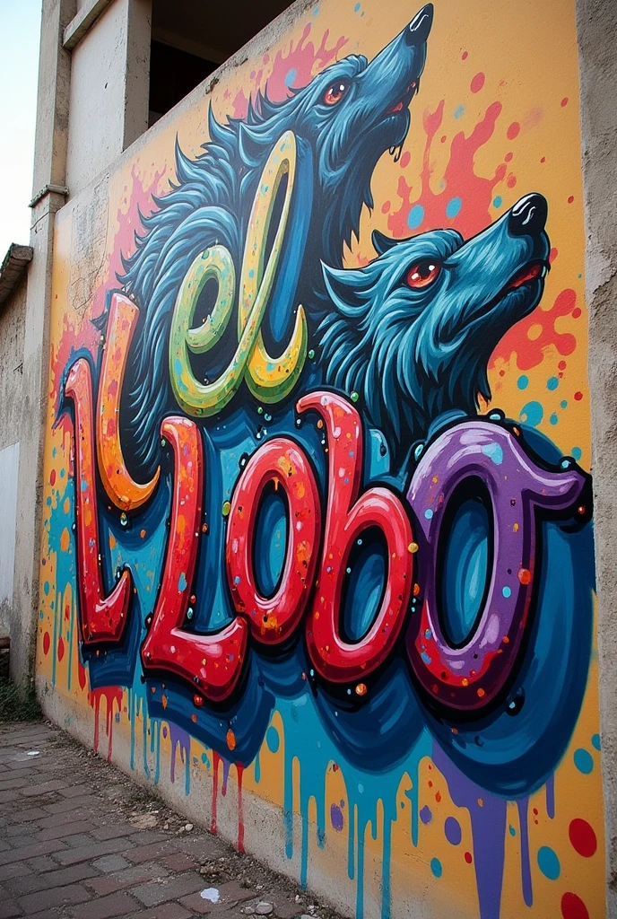 Colorful ARTISTIC graffiti of words "the wolf" in Spanish
