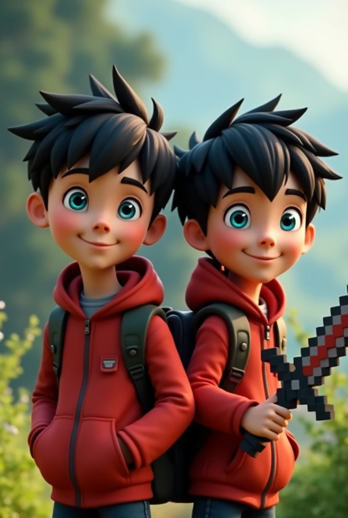 Hair : Black
Eyes: blue
Oufit: Red jacket or hoodie
Pose: holding Minecraft sword
Animated 2 boy in one frame looking right now side pose
Background: nature