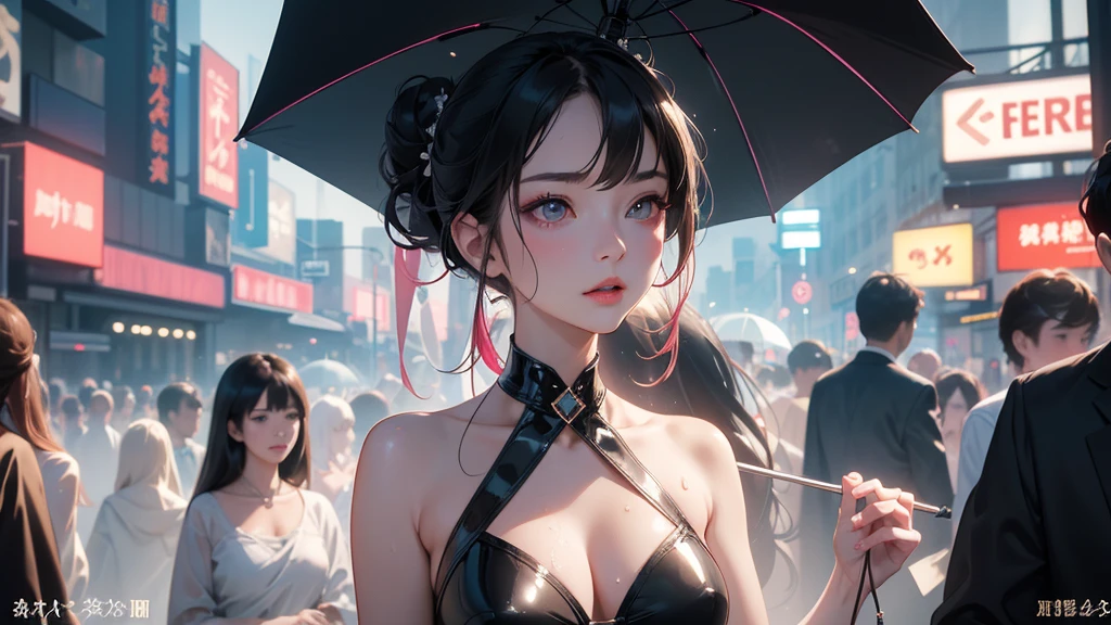 (best quality,4K,height,Masterpiece:1.2),Very detailed,(realistic:1.37), sexy、crowded busy street、Surrounded by spectators、crowd、Bright, pinkish white skin、Sweat dripping all over.、Slender model figure、Double bun hairstyle、black hair、Soaking wet、Very small face、Collars and leashes、large cleavage、cyberpunk city、photography、Countless Swordicro Bikinis,white,Black umbrella、Latex、Decorate the heart、 Cinematic edge lighting, Fine light, Masterpiece, Superb details, An epic work, Ultra high resolution, High quality