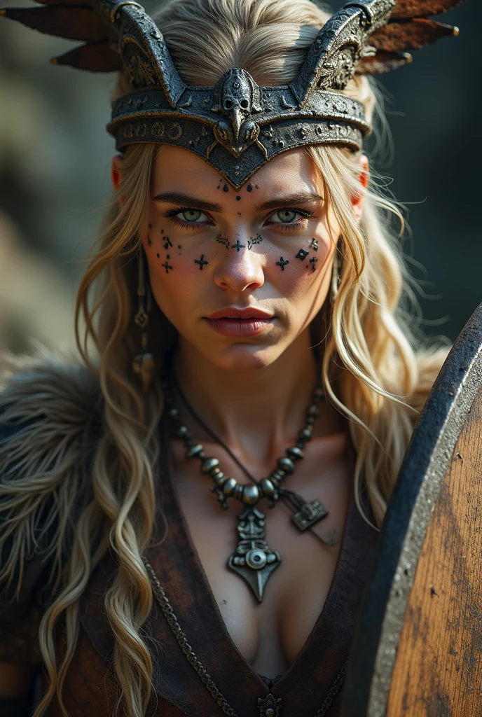 Close up face of beautiful viking queen, wooden shield in hand, eagle wings crown , tribal design on the eyes, Angry, bone ornaments on the neck, leather armor, focused