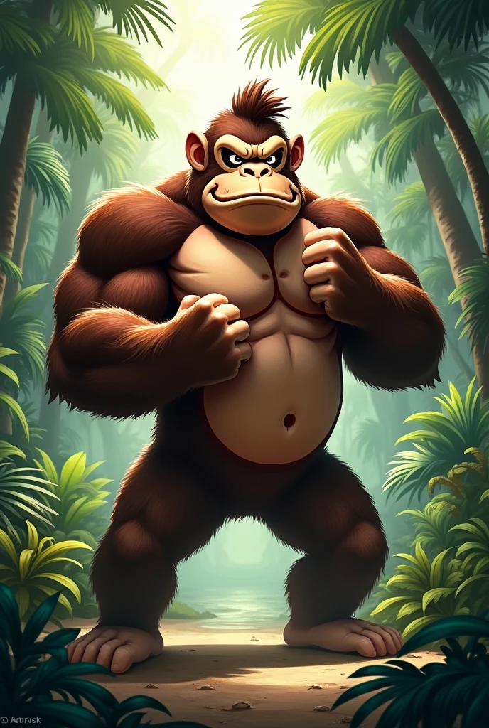 Detailed picture of a Donkey Kong anthro, (chocolate brown, big), he is beating his chest with his left hand on the middle of the jungle, trending on Art Station, Ross Tran, ruan jia, foxovh, ((determined expression, (((dynamic lighting,))), cartoon