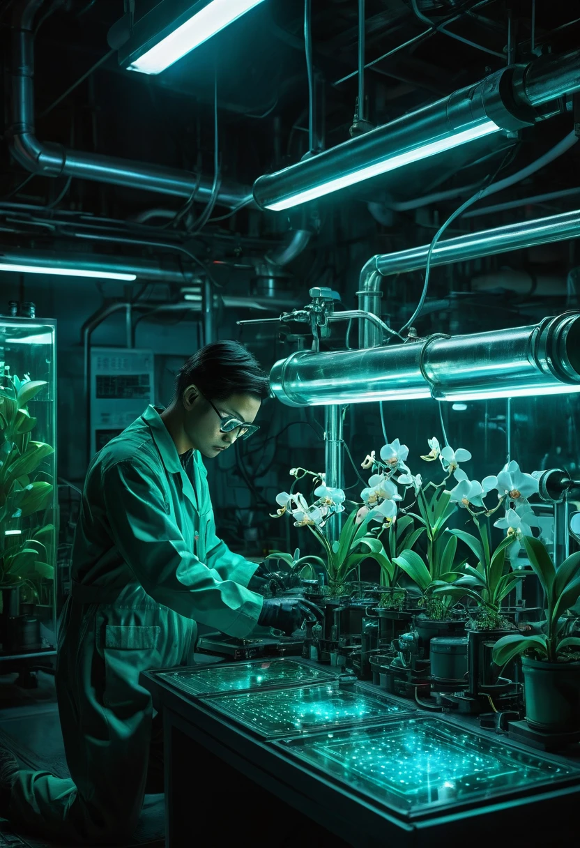 A futuristic secret laboratory, rows of glowing cylindrical containers filled with rare orchids, bioluminescent plants emitting an eerie blue-green light, genius botanist Misaki crouching behind an elaborate metal device, holding a tablet with incriminating data, and in his other hand a weapon He holds a standard flashlight. Alarms flash red, steam hisses from pipes, and the floor is reflective. In the background are scientists in protective suits operating complex machinery, a holographic display showing the molecular structure of a plant, a glowing vial of liquid in the foreground, an exit sign illuminated in the distance, cinematic action scene composition, saturated colors, lens flare, ultra-detail, intricate detail, faded Highly Detailed Eyes, 16K resolution, RAW, Nikon Z9, Creative, Masterpiece, Fantasy, High Definition, High Quality, 8k, Realistic, Dramatic Lighting, Soft Focus, Digital Illustration, Complex Mechanics, Advanced Techniques, Dark Background, Cinematic, High Contrast, High Contrast Atmosphere, (Top Quality, 4k, 8k, High Definition, Masterpiece: 1. 2), Ultra-Detailed, (Realistic, Graphic, Photorealistic: 1. 4) -- No Glass --AR 16:9 --Stylize 1000