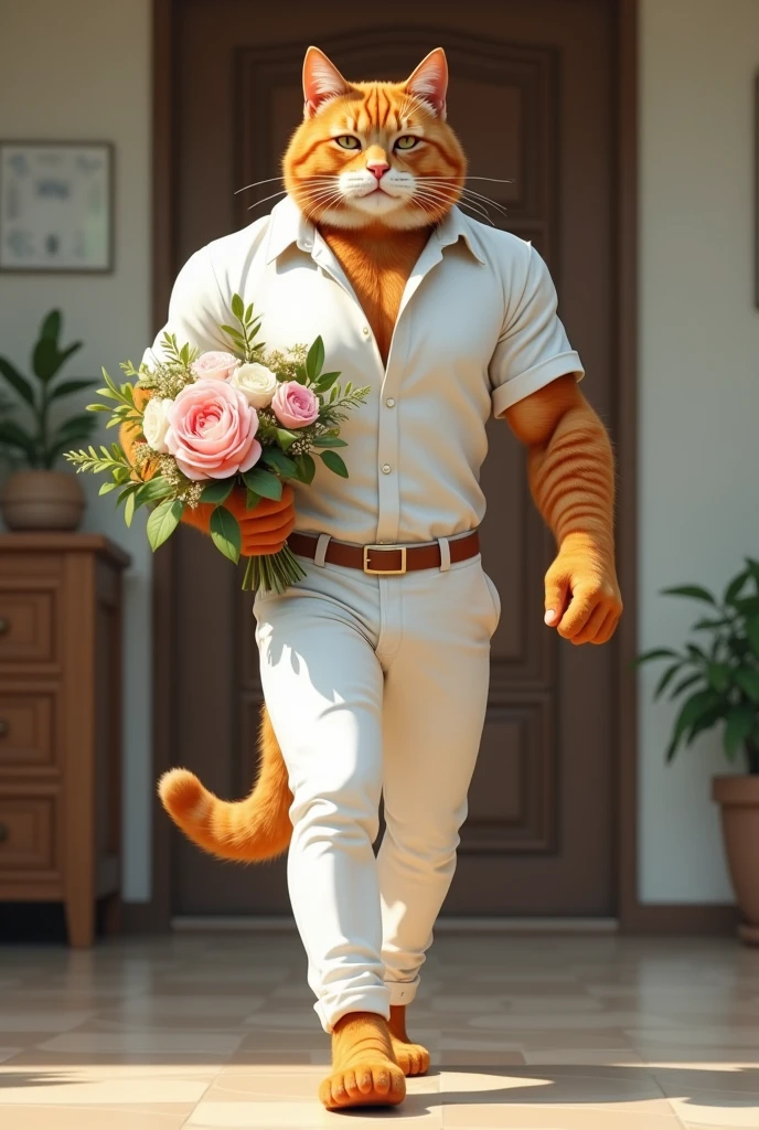Ek handsome muscular ginger cat jisne white shirt or pent pehni h uske hatho me ek fulo ka guccha h seen ghar me  jate huye samne 