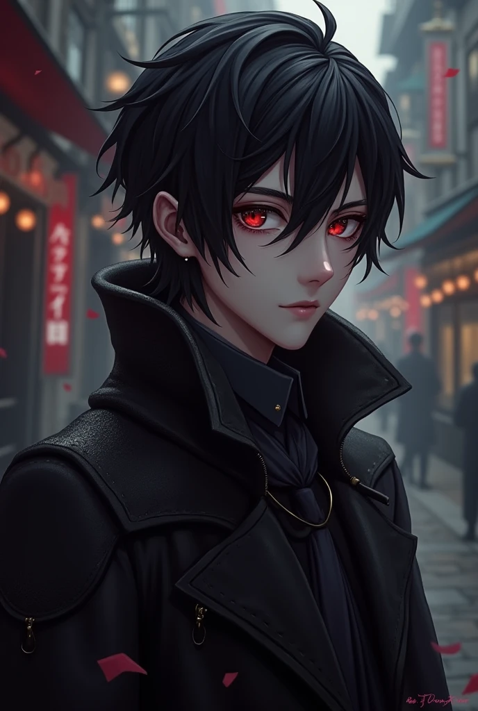 masterpiece, best quality, 1 person, aldult, Male focus, Solitary, Medium black hair, Vibrant dark eyes, Looking at the audience, Shut up, Emo, Fantasy Aesthetics, Very detailed, Shadowverse Style, Leather coat