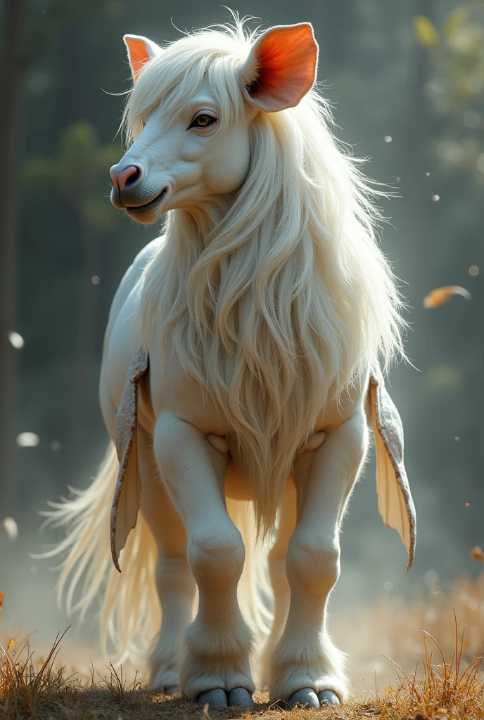 a riding beast smaller than a mule and larger than an ass, having a face like that of a human being and ears like those of an elephant; its mane was like the mane of a horse; its neck and tail like those of a camel; its breast like the breast of a mule; its feet like the feet of an ox or, according to one tradition, like those of a camel; its hooves were like the hooves of an ox. Its breast looked just like a ruby and its hair resembled white armour, shining brightly by reason of its exceeding purity. On its flanks it had two wings which hid its legs. The swiftness of this riding beast was such that in a single stride it could reach as far as eye could see