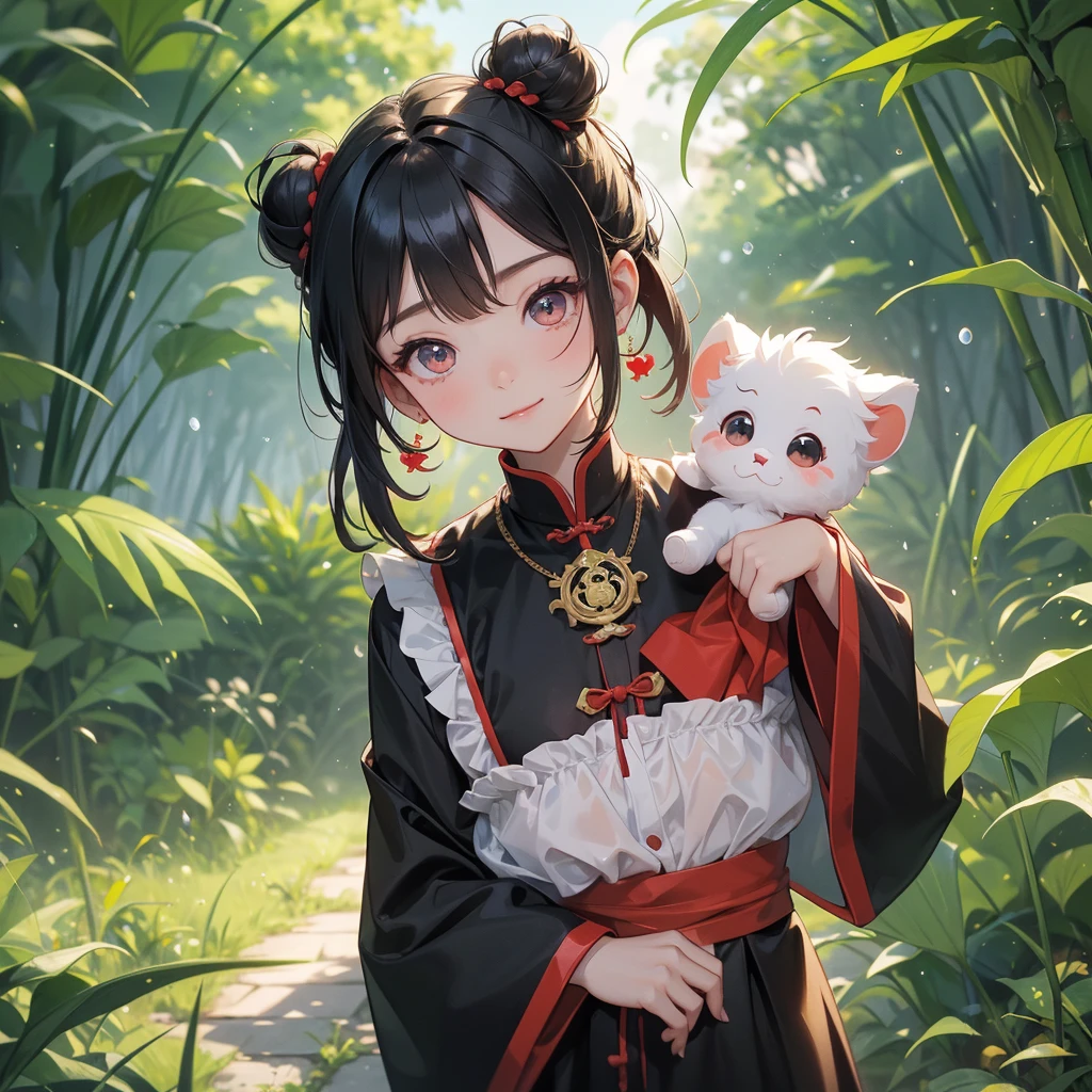 A chibi child girl had a small face and Wearing red-black little Taoist priest's outfit. A pair of big round eyes shone with curiosity about him. This child was so cute! ,her hair is black with two buns on her hair.small chibi, chibi baby, smiling,The little chibi baby looked up with his chest raised, and his face was old and proud.
The back is a lush green bamboo forest. The air after rain has water droplets splashing around.