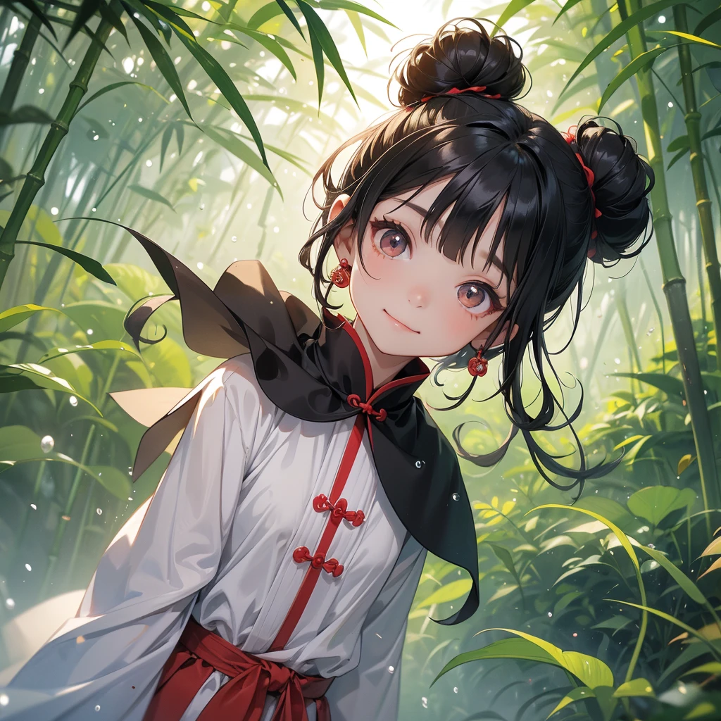 A chibi child girl had a small face and Wearing red-black little Taoist priest's outfit. A pair of big round eyes shone with curiosity about him. This child was so cute! ,her hair is black with two buns on her hair.small chibi, chibi baby, smiling,The little chibi baby looked up with his chest raised, and his face was old and proud.
The back is a lush green bamboo forest. The air after rain has water droplets splashing around.