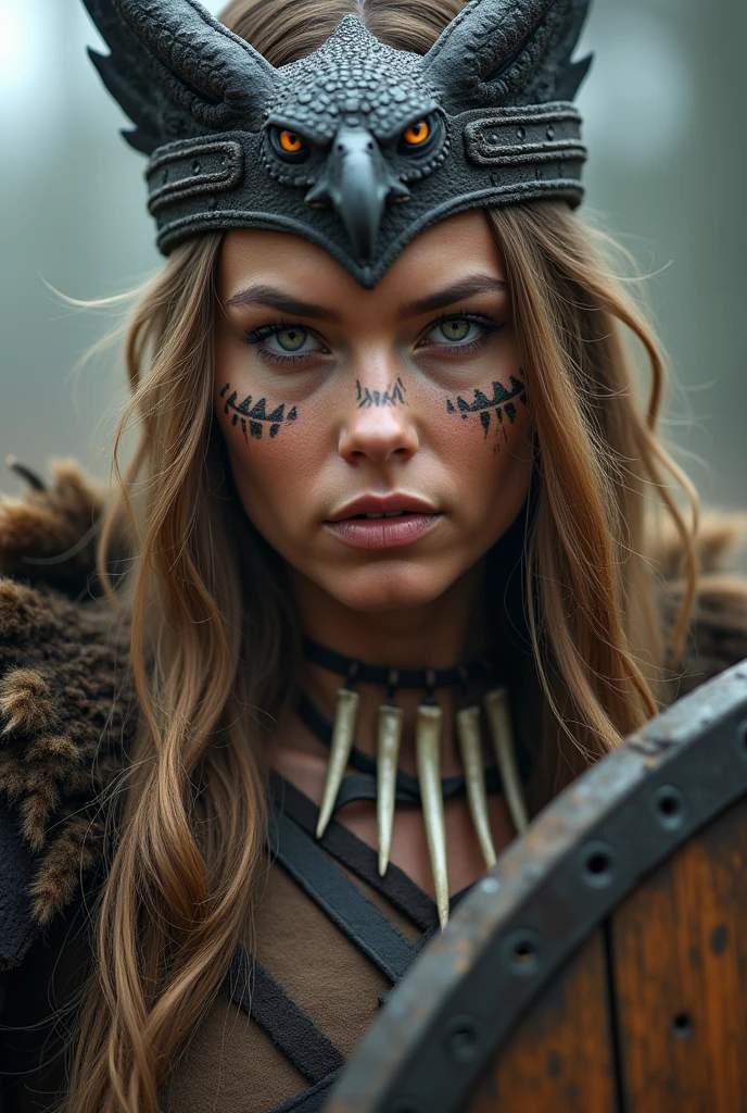 Close up face of beautiful viking queen, wooden shield in hand, eagle wings crown , tribal design on the eyes, Angry, bone ornaments on the neck, leather armor, focused