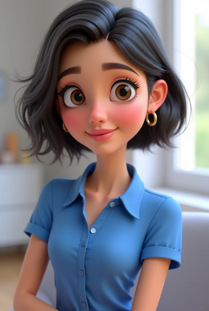Cartoon character of a woman in a blue shirt, an animated character, stylized character, animation style rendering, 3d stylized, Arnold Maya rendering, Stylized 3D rendering, toon render screenshot, 3d character, 3d character, Stylized 3D rendering, 3D character rendering, cartoon character, Personagem de close up, character posing, (Pixar-style) (master part:1.2) (bokeh) (best qualityer) (skin detailed) (detailed texture) (8k) (Argilla) (cinematic lighting) (sharp focus，Sit down and lift your upper body