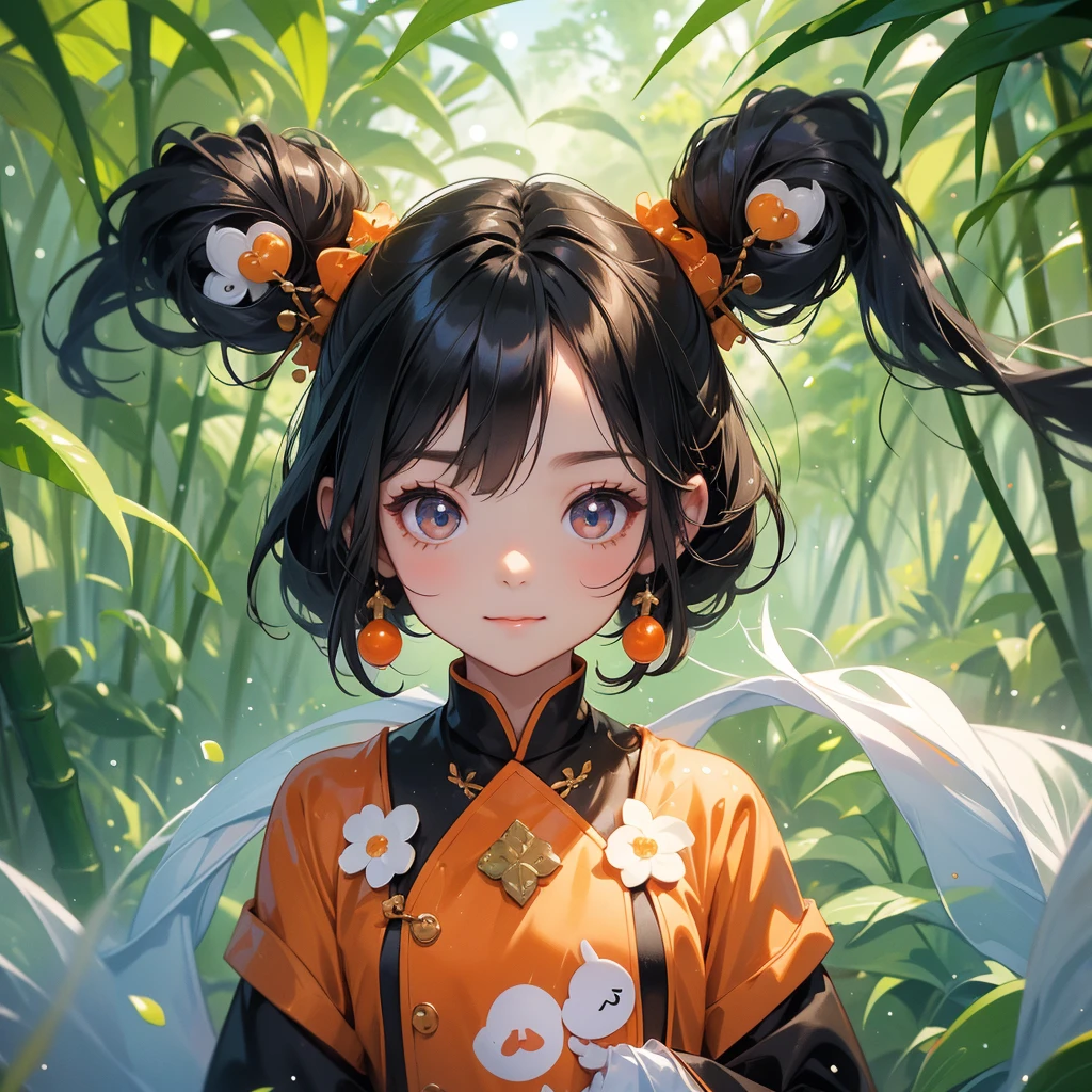 A chibi child girl had a small face and Wearing orange-black little Taoist priest's outfit. A pair of big round eyes shone with curiosity about him. This child was so cute! ,her hair is black with two buns on her hair.small chibi, chibi baby, smiling,The little chibi baby looked up with his chest raised, and his face was old and proud.

The back is a lush green bamboo forest. The air after rain has water droplets splashing around.