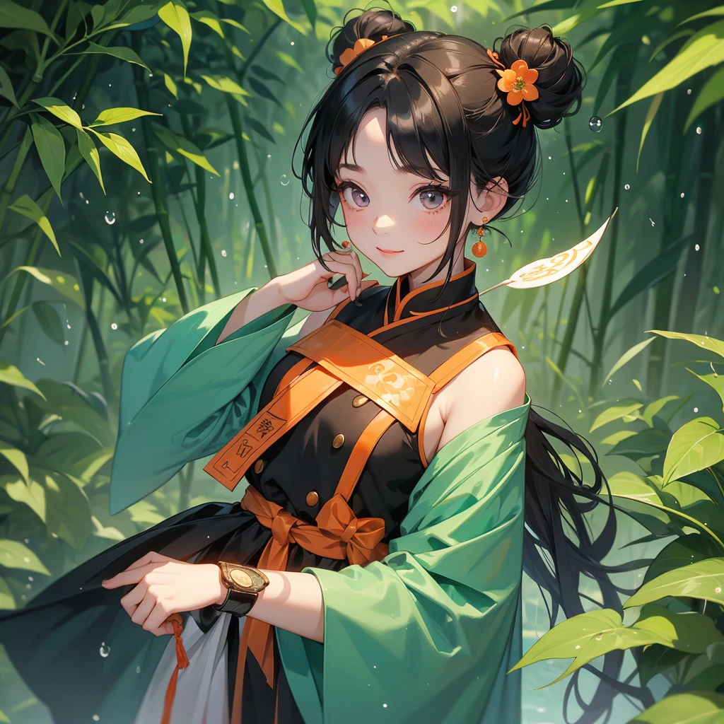 A chibi girl had a small face and Wearing orange-black little Taoist priest's outfit. A pair of big round eyes shone with curiosity about him. This childso cute! ,her hair is black with two buns on her hair.small chibi, chibi baby, smilThe little chibi boked up with chest raised, and his face was old and proud.
The back is a lush green bamboo forest. The air after rain has water droplets splashing around.
