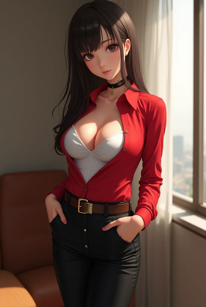 1girl, 30yo sofia takigawa_jav, breasts, eyelashes, looking at viewer, cowboy shot, standing, dynamite lighting, attractive body, wearing office attire, red blouse, white singlet, belt, black pants, brown knee heel boots, black choker
(ulzzang-6500:0.0), (ultimate quality, masterpiece, highres:1.0), (photorealistic, realistic:1.9),  nice hands,