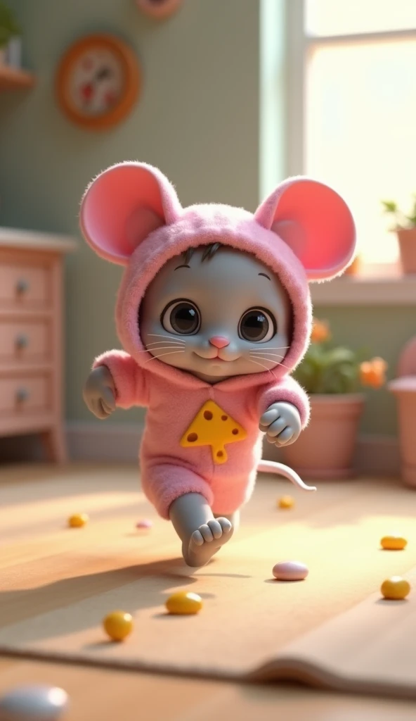 3D cute grey baby kitten、Big eyes、Wearing a cute pink mouse costume。.、running、Inside the house,masterpiece, Background Blur, Belt decorated with triangular yellow cheese、