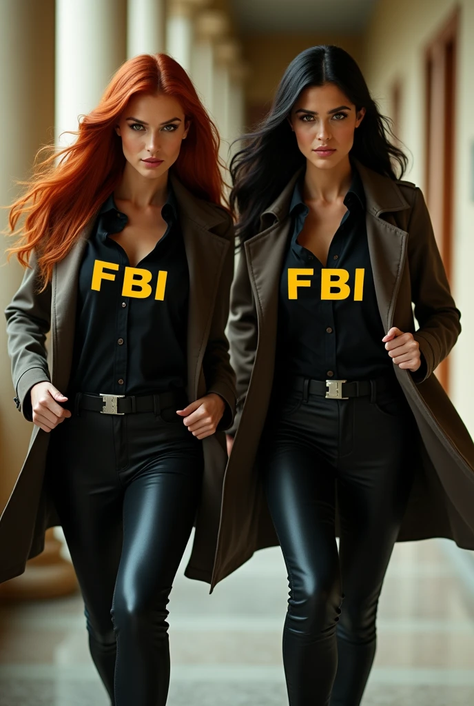 ultra realistic, photography, two women: one with long straight red hair, (30 years old, hourglass figure, perfect body), the other one: long black straight hair, (30 years old, hourglass figure, perfect fit body), Long eye lashes, seductive eyes, Award Winning Glamour Photograph extremely detailed award winning glamour photograph, front lit, HDR, they are dressed like a FBI Agents, under their trenchcoats their shirts are buttoned up, in yellow letters it says "FBI" on their trenchcoats, they are wearing elegant pants and high heels, they are running after a Person, action shot, cinematic shot,