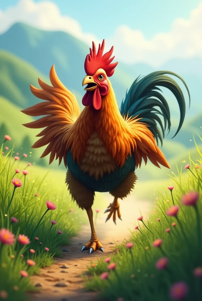 rooster running in a field