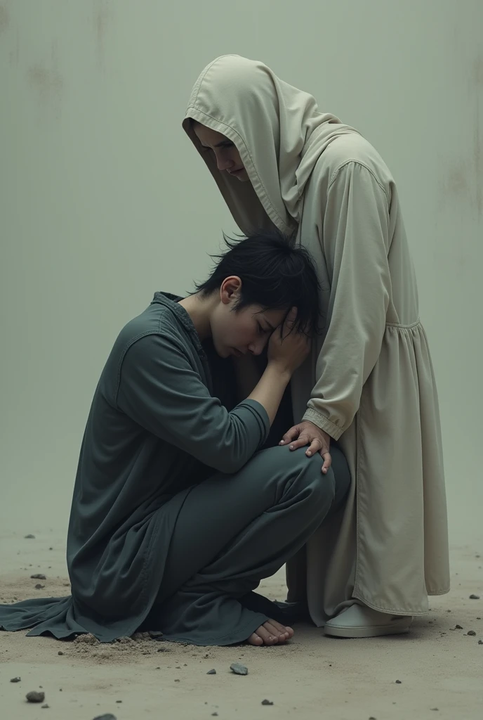A person is huddled and crying, the other looks at her emotionlessly.