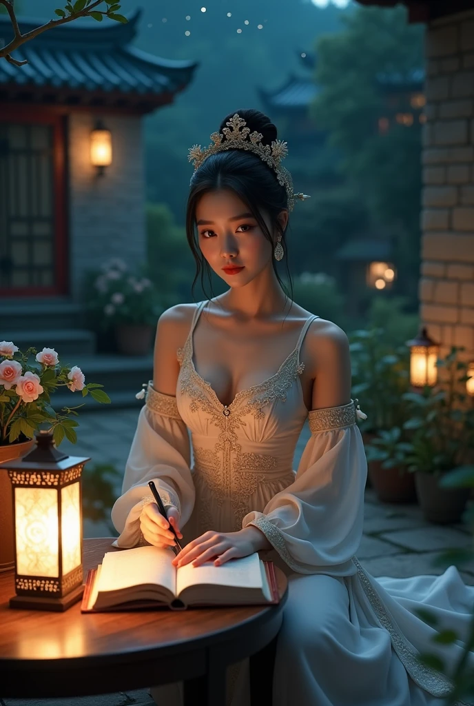 a beautiful elegant woman in traditional chinese dress, sitting at a low table in a tranquil night garden surrounded by ancient walls, reading an ancient chinese book by the light of a lamp on the table, her right hand holding a pen, her left hand resting on the table, (masterpiece), (realistic, photorealistic, photo-realistic:1.37), 4k, extremely detailed, beautiful detailed eyes, beautiful detailed lips, extremely detailed eyes and face, long eyelashes, intricate details, ornate details, highly detailed, cinematic lighting, natural lighting, atmospheric, moody, serene, peaceful, contemplative, classical chinese aesthetic, traditional chinese architecture, lush garden, flowers, night sky, stars