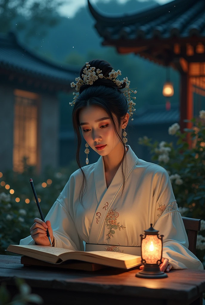 a beautiful elegant woman in traditional chinese dress, sitting at a low table in a tranquil night garden surrounded by ancient walls, reading an ancient chinese book by the light of a lamp on the table, her right hand holding a pen, her left hand resting on the table, (masterpiece), (realistic, photorealistic, photo-realistic:1.37), 4k, extremely detailed, beautiful detailed eyes, beautiful detailed lips, extremely detailed eyes and face, long eyelashes, intricate details, ornate details, highly detailed, cinematic lighting, natural lighting, atmospheric, moody, serene, peaceful, contemplative, classical chinese aesthetic, traditional chinese architecture, lush garden, flowers, night sky, stars