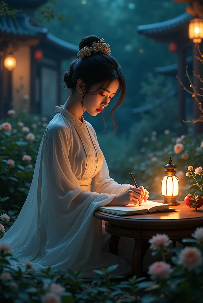 a beautiful elegant woman in traditional chinese dress, sitting at a low table in a tranquil night garden surrounded by ancient walls, reading an ancient chinese book by the light of a lamp on the table, her right hand holding a pen, her left hand resting on the table, (masterpiece), (realistic, photorealistic, photo-realistic:1.37), 4k, extremely detailed, beautiful detailed eyes, beautiful detailed lips, extremely detailed eyes and face, long eyelashes, intricate details, ornate details, highly detailed, cinematic lighting, natural lighting, atmospheric, moody, serene, peaceful, contemplative, classical chinese aesthetic, traditional chinese architecture, lush garden, flowers, night sky, stars