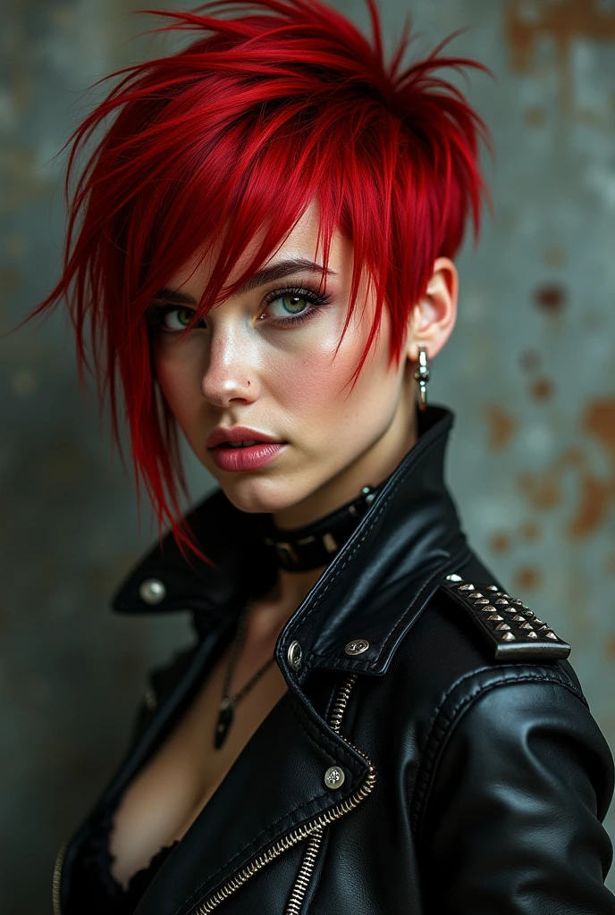 female 20s, very short red hair, tomboy, wearing rocker clothes, best qualityer.