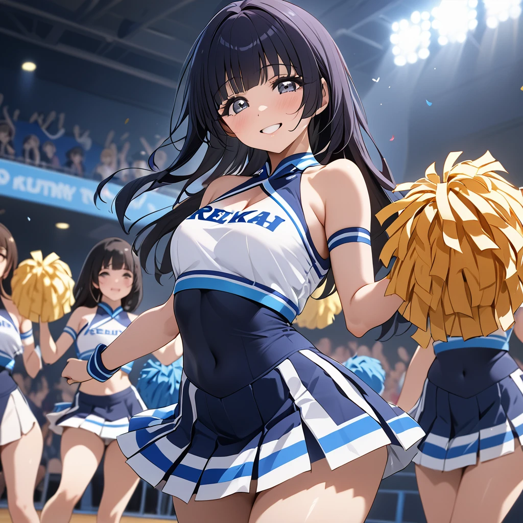 ((Highest quality)), ((masterpiece)), (detailed), （Perfect Face）、The woman is Reika Aoki with semi-long hair、The woman is wearing a sexy, attractive and provocative cheerleading costume and dancing the cheerleading with a smile.