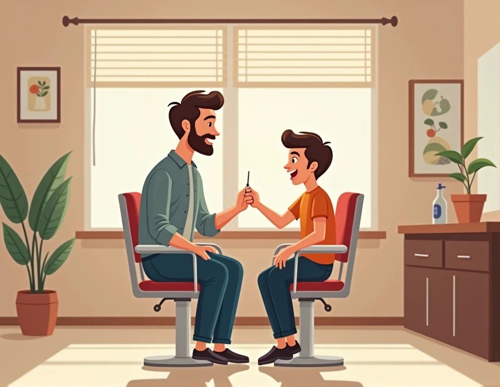 help me create Family Plan - Weekly Haircut as a father and son advertisement , with colors and minimalist image and environment 