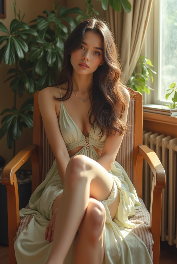 girl in her 20s sitting on wooden chair, wearing summer dress, 1980s vibe, vintage vibe, wearing high heels, front view