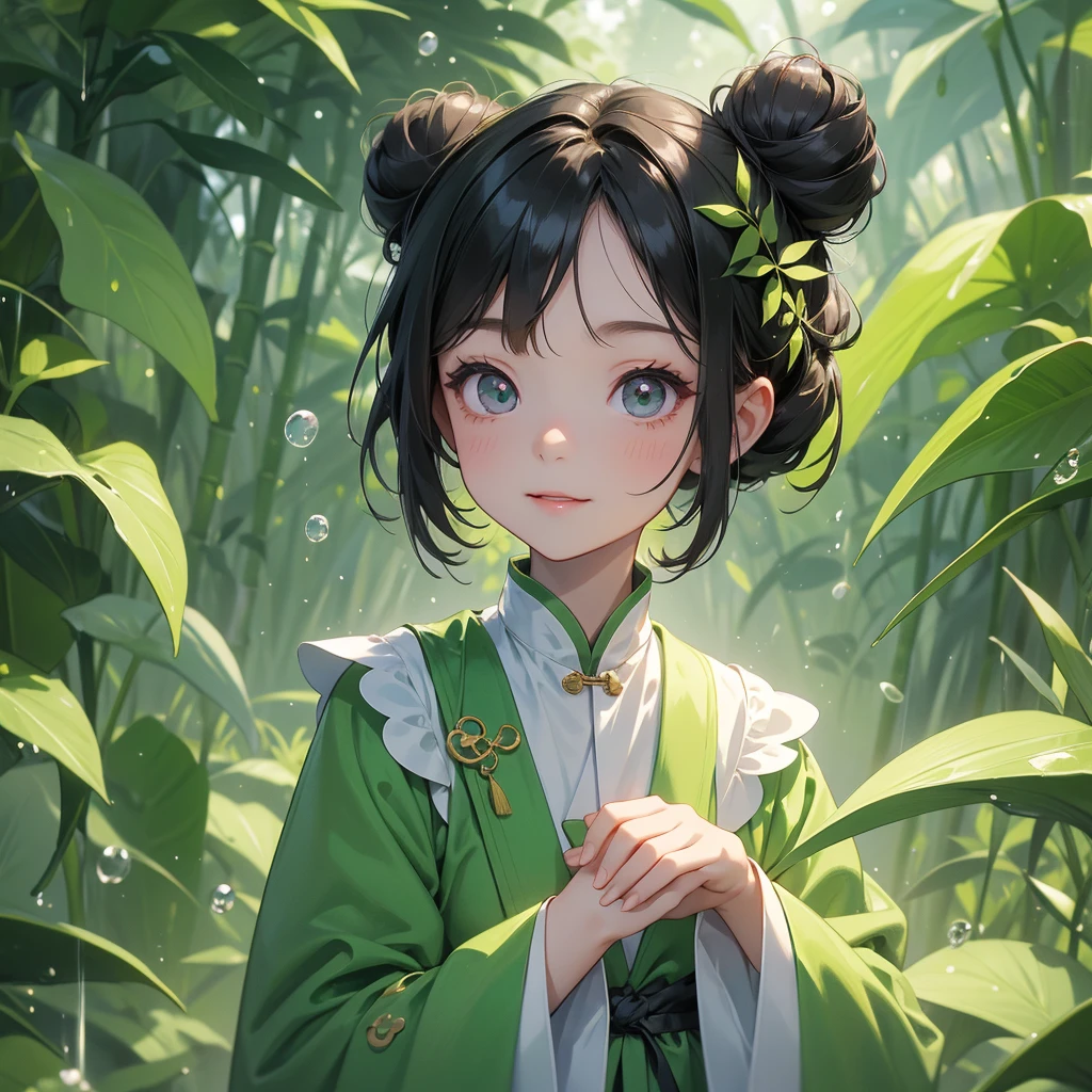 A chibi child girl had a small face and Wearing white-green little Taoist priest's outfit. A pair of big round eyes shone with curiosity about him. This child was so cute! ,her hair is black with two buns on her hair.small chibi, chibi baby, smiling,The little chibi baby looked up with his chest raised, and his face was old and proud.
The back is a lush green bamboo forest. The air after rain has water droplets splashing around.
