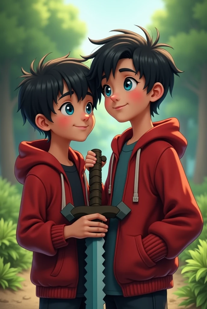 Hair : Black
Eyes: blue
Oufit: Red jacket or hoodie
Pose: holding Minecraft sword
Animated matured 2 boy in one frame looking right now side pose
Background: nature