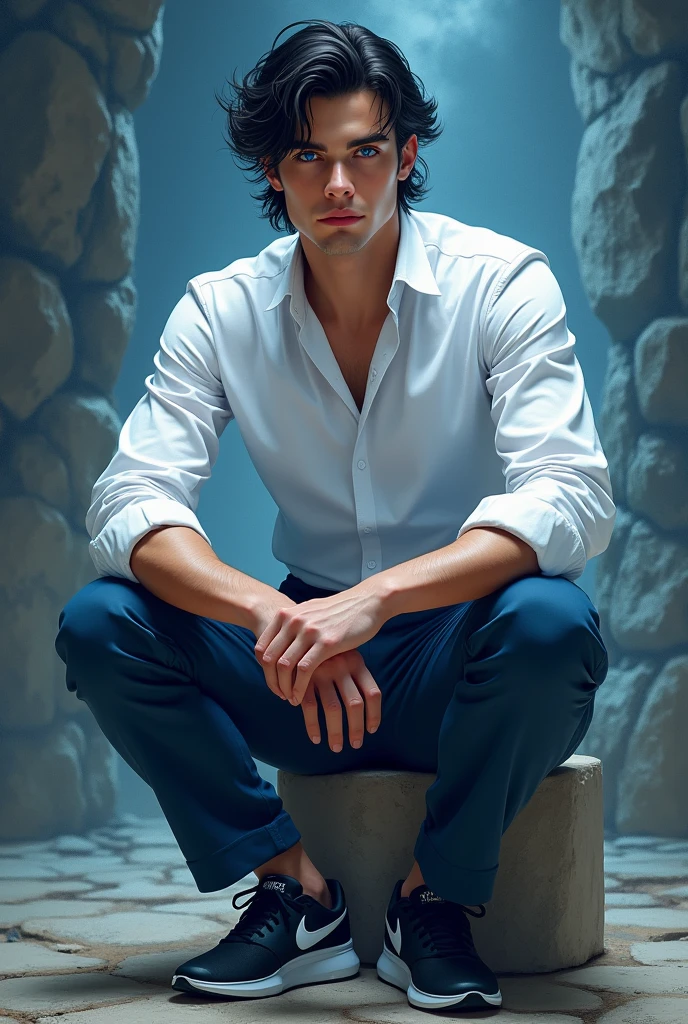 Blue eyes,black hair,fantasy,handsome,white shirt,00deep blue trousers,nike black shoes,,male