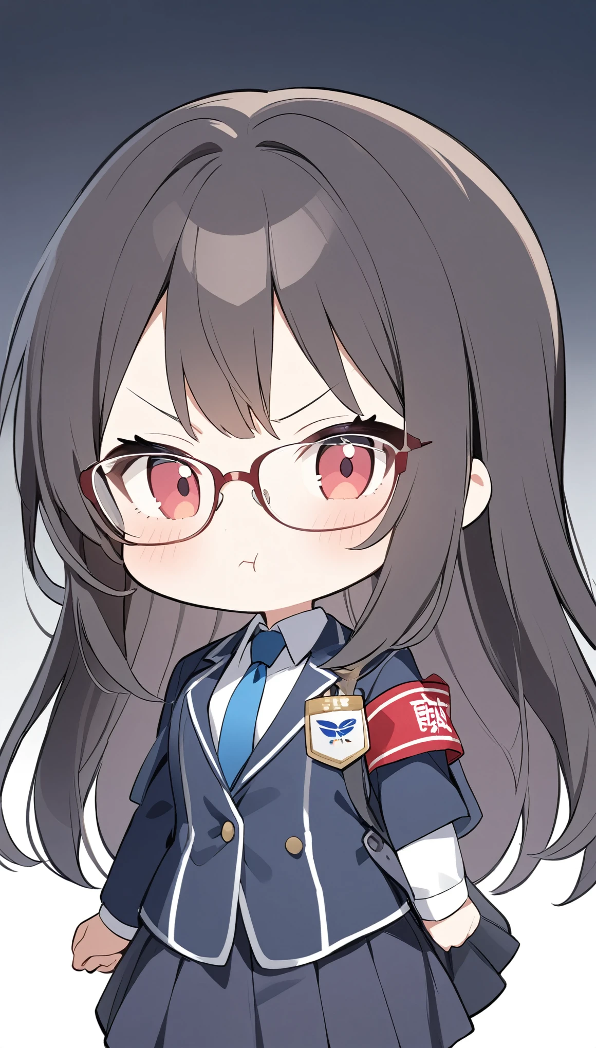 school student council president、school uniform、Glasses、Black Hair、long hair、Student council president armband on uniform、veins of anger、sulky look、pout,One person