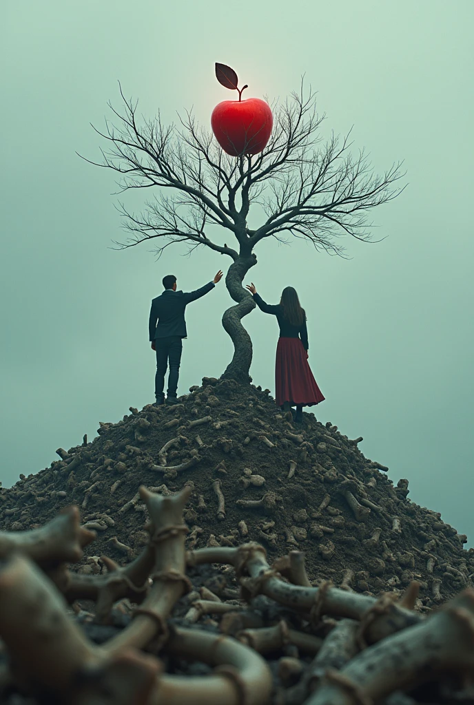 (masterpiece, Highest quality, shape, Subtle details, 8k:1.2),(Highly detailed CG Unity 8k wallpaper), (Highest quality), (Best illustrations), (Photo shoot by a professional photographer:1.2),(Best Shadow), Realistic lighting, Generate a surreal, realistic image depicting the end of an era and the dawn of a new one. The scene features a small hill made entirely of bones, symbolizing the remnants of the past. At the top of this eerie mound stands a single apple tree, its branches bare except for one vivid red apple. A white snake is coiled around one of the branches, adding a sense of mystery and foreboding. A man and a woman, both viewed from behind, are reaching out towards the apple, symbolizing a transition into a new era. The scene is rendered with meticulous detail, capturing the textures of the bones, the smoothness of the apple, and the subtle movement of the snake. The overall atmosphere is deeply contemplative and thought-provoking, evoking a sense of reflection on the passage of time, without evoking any discomfort or offense.