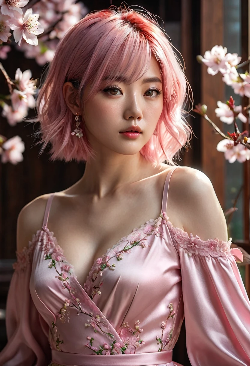 A woman, japanese, sensual, she is an adult, light pink hair styled in a lob, (((a woman with light pink hair 1.7)))(((very beautiful))), perfect faces, she is surrounded by sakura flowers in her room, dark and cool palette, red dress that fits her body, green eyes, 8K, freckles on her face, beautiful breasts, extremely detailed, (high quality, realistic, photorealistic: 1.37), ideal proportions and defined skin, meticulously crafted features, unapproachable beauty, perfection, artistic art, vivid realism, hyper-detailed sculpting, realistic shapes, truly inspiring, impeccable craftsmanship, pure brilliance, ethereal beauty, delicate contours, striking poses, sublime beauty, subtle nuances, dynamic compositions, vibrant colors, perfect lighting, moving expressions, heavenly aura, majestic presence, dreamlike atmosphere, unmatched high level of detail, high octane rendering on artstation, 8k art photography, concept art photorealistic, cinematic volumetric soft natural light, chiaroscuro, award winning photography, fine art, oil on canvas, beautiful, detailed, intricate, insane
