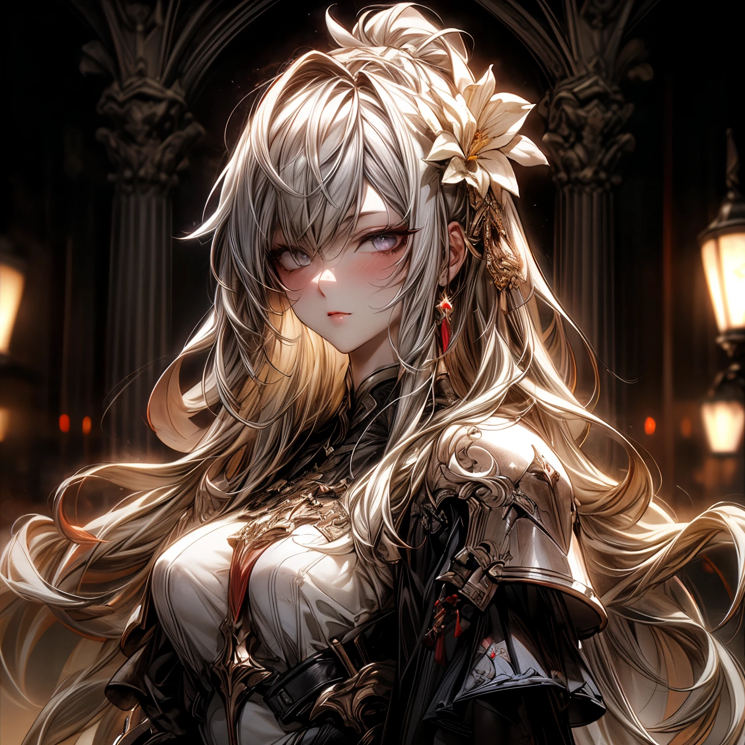 (best quality)), ((Masterpiece)), (details:1.4), 3d, HDR (high dynamic range), an image of a beautiful cyberpunk female, Medieval, Red hair, Curtain Bangs, Beautiful White eyes, จมูกโด่ง, ปากแดง, หน้าอกใหญ่, nvidia RTX, PBR surface, After processing, Anisotropic filtration,depth of field, Maximum clarity and clarity, multi-layered surface, Subsurface scattering, perfect proportions, 8K raw files, ultra detailed, Perfect proportions, volumetric lighting, soft lighting, Holy Paladin, Heavy Silver Armor, Black dress, glossy skin, intricate Silver embroidery, Castle Hall background, jewely, ต่างหู, นิ้วมือสมบูรณ์,
