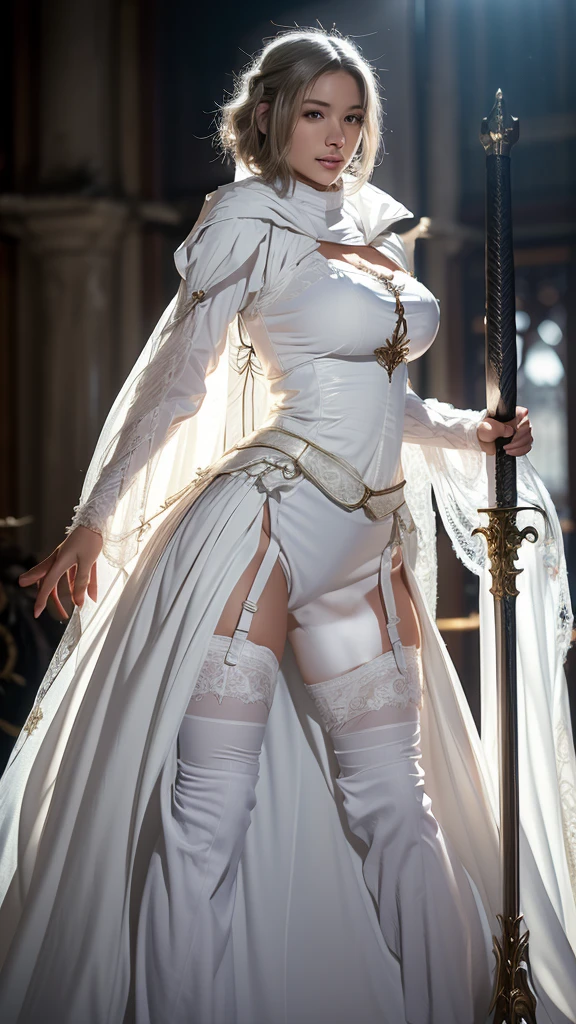 8k,Blonde girl wearing luxurious red, White breastplate, White Armor、White leather armor、white metal armor、Super Beauty(Like the real thing)Realistic Skin,Beautiful Princess Night,blue eyes, Princess Night, ((Beautiful and fantastic Princess Night)), elegant , (((Short Hair)))、gorgeous princess paladin, Luxurious robes, Beautiful Princess Night, Very beautiful princess top model,Ultra-high resolution,masterpiece,超Realisticな,Fantasy art,curator art,Cinestill 800,Captivating Gaze,sexy,close,Laughter,sexyな衣装,Toned, muscular body,Battle Scenes,Action Scenes,Action pose,Equipped with a rapier on the waist,Royal coat of arms engraved on breastplate,White luxurious cloak, Ultra slim body, Super huge breasts, Tight waist,(((Long skirt、garter belt)))、Highest quality, Ultra-high resolution, (Realistic: 1.4), RAW Photos, , Nikon D850 film stock photos,