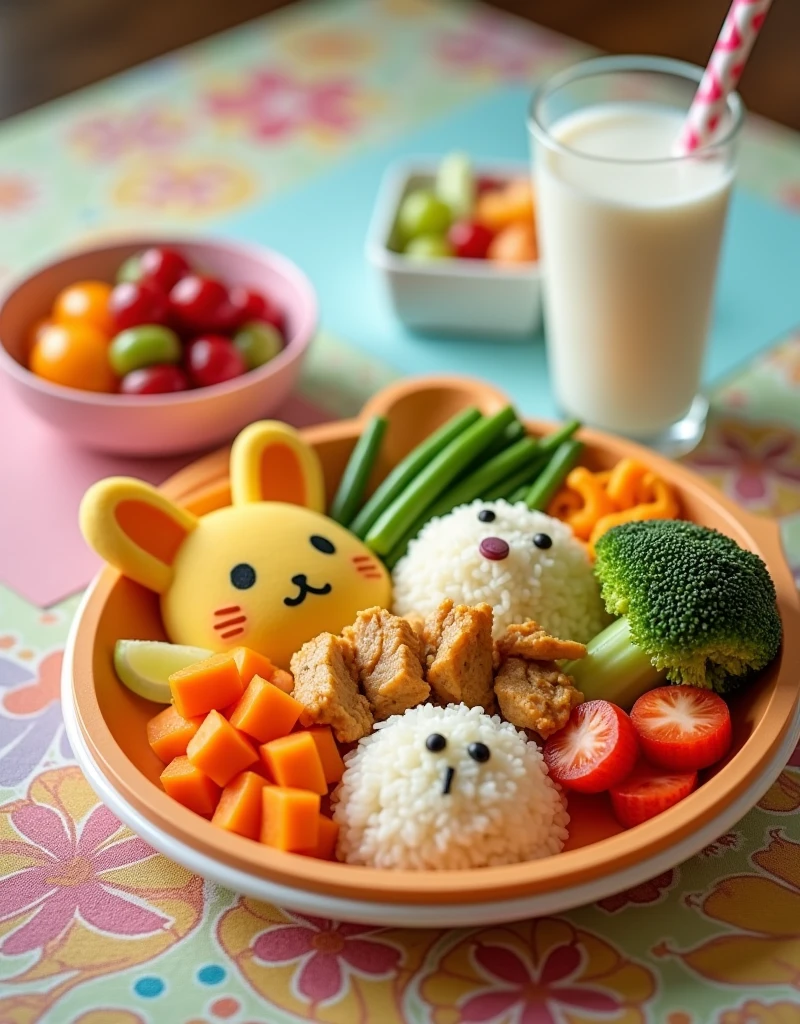 Tempting dining scene。Imagine a colorful plate,Shaped like a cute animal,It's packed with nutritionally balanced food。1 serving of steamed vegetables、A small portion of chicken and a portion of rice,Rice decorated to look like a friendly animal。There is a glass of milk next to the plate,A colorful straw,There was also a small bowl of fresh fruit for dessert。All the food is served on a colorful mat with a fun pattern。Be sure to capture the lively and whimsical atmosphere of your child’s meal。