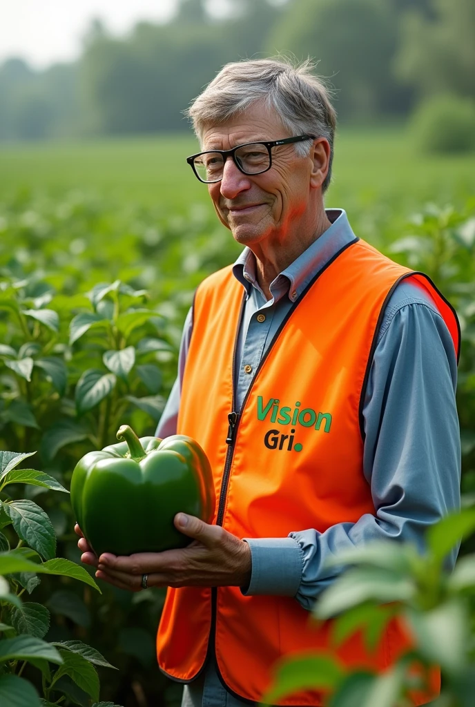  Bill gate dans un champs de poivrons tenant un gros poivrons bien vert dans ses mains et portant un gilet orange ecrit en vert VISION AGRI