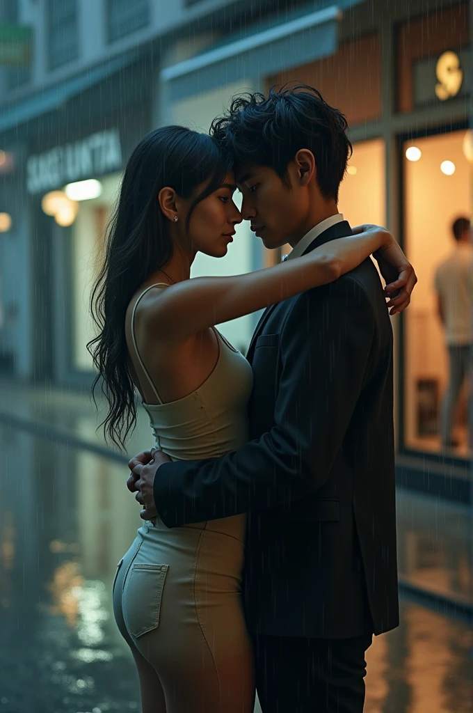 A beautiful young woman in a sexy outfit comforts a grieving young man in the rain at night in a closed shopping area.