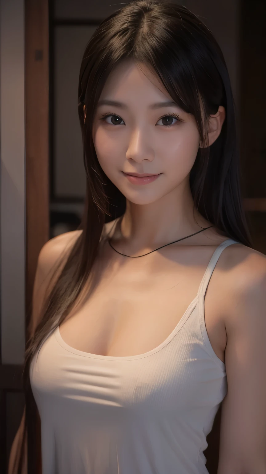 Beautiful young Japanese woman, Around 20 years old, Wearing a black tank top、Very detailedな, 8k resolution, とてもRealistic, Cinema Lighting, Highest quality, masterpiece, Realistic, Physically Based Rendering, Very detailed, Vibrant colors, Professional, Sharp focus, Studio Lighting.Standing facing forward、(smile:1.3),Big Breasts,Suck my penis